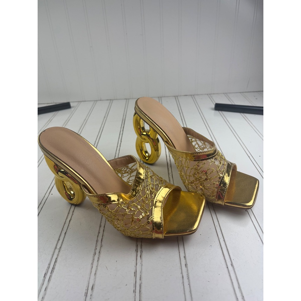 Vintage Y2K Gold Sequin Mesh Statement Mule Heels Women's Size 8-8.5 - Picture 5 of 8